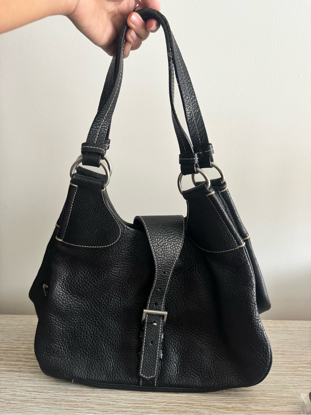 Prada Black Pebbled Leather Shoulder Bag with Silver Hardware
